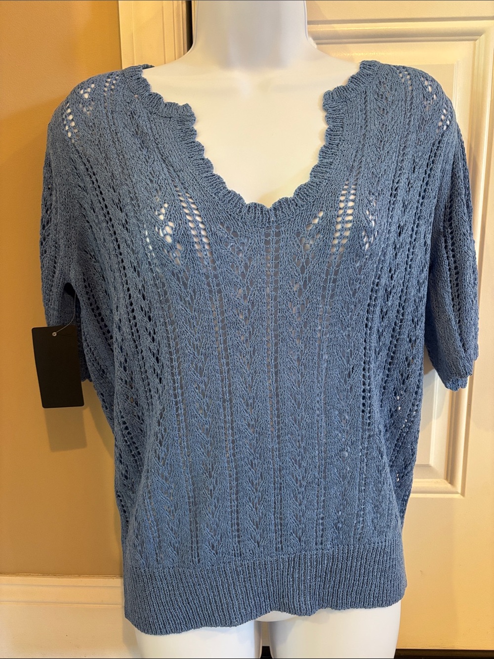 BiBi Blue Eyelet Short Sleeve V-Neck Open-Knit Top